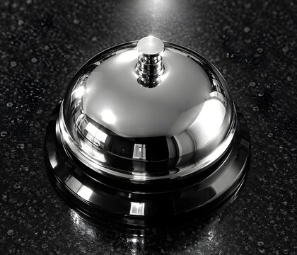 Mechanical polished chrome counter bell resting on an ebony service ledge with silver dome