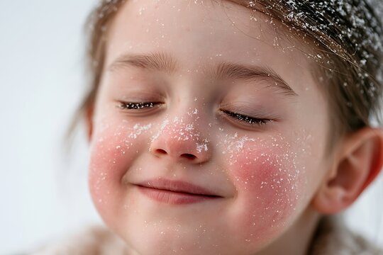 Close-up Portrait of a Little Girl with Rosy Cheeks and Snow on Her Face Smiling with Eyes Closed