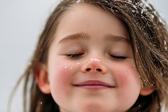 Close-up Portrait of a Little Girl with Rosy Cheeks and Snow on Her Face Smiling with Eyes Closed