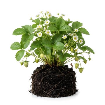 Blooming Strawberry Plant with Exposed Root Ball
