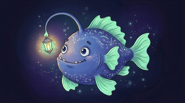 Cute angler fish holding a glowing lantern in deep water