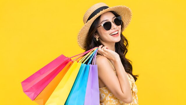 Happy Asian Woman with Colorful Shopping Bags