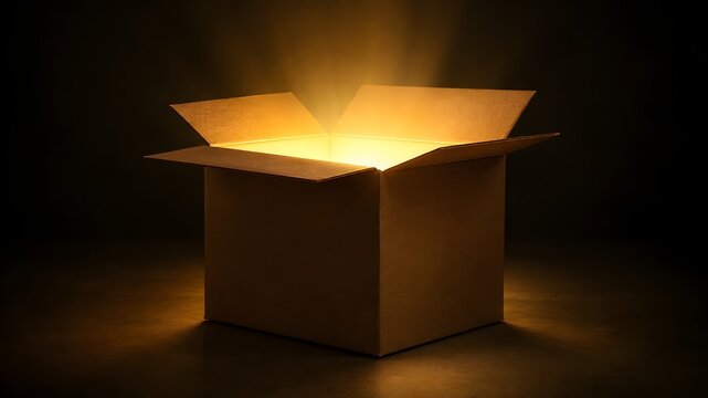 Open Cardboard Box with Magical Golden Light