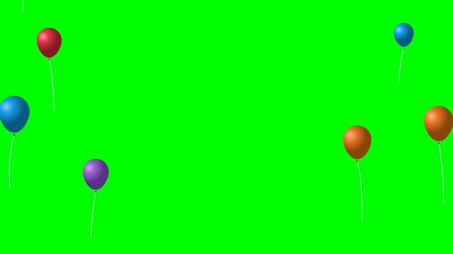 Colorful balloons on strings flying up on green screen chromakey background with copy space
