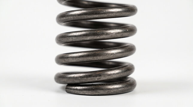 Heavy-duty metal coil spring on white surface, engineering strength and mechanical durability concept. Close-up.