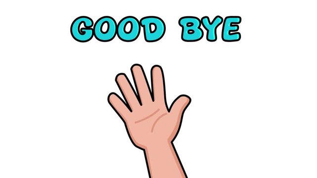 4K animated vector icon. a child&rsquo;s arm waving goodbye, with the word "goodbye" displayed above it. Designed for children's animation.
