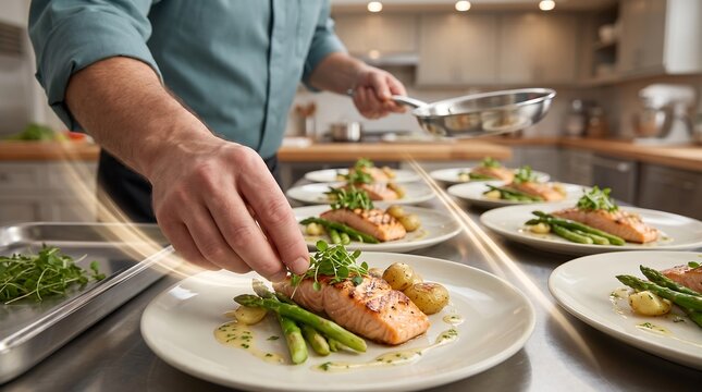 Professional chef hand placing fresh green microgreens on perfectly cooked salmon fillet on white plate with asparagus and potatoes in bright modern restaurant kitchen setting