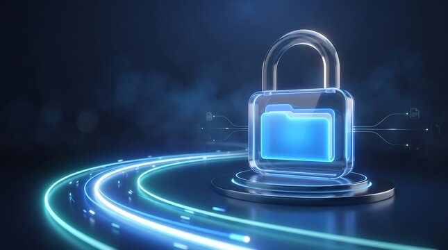 Cybersecurity data protection concept with glowing blue padlock and folder icon floating above digital platform for secure information storage and cloud networking technology
