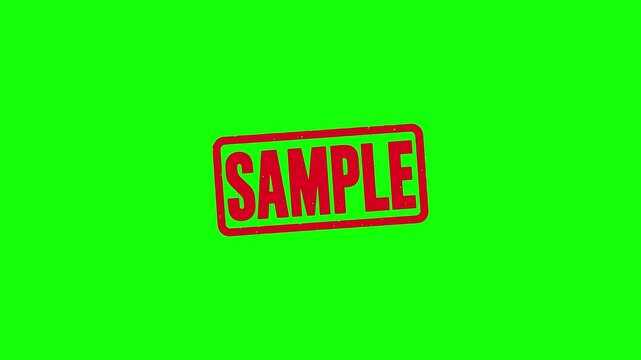 Red SAMPLE rubber stamp pressed with wooden stamper on green screen