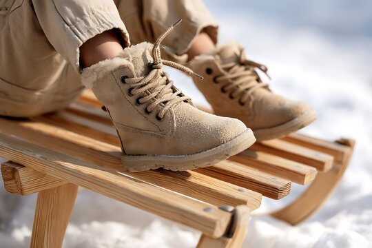 Close-up of Child in Beige Suede Winter Boots Riding a Wooden Sled in Snow