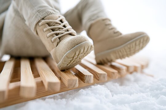Close-up of Child in Beige Suede Winter Boots Riding a Wooden Sled in Snow