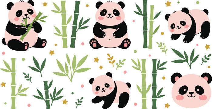 Cute panda bears eating bamboo stalks and leaves in flat vector
