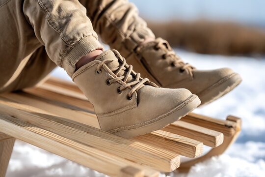 Close-up of Child in Beige Suede Winter Boots Riding a Wooden Sled in Snow
