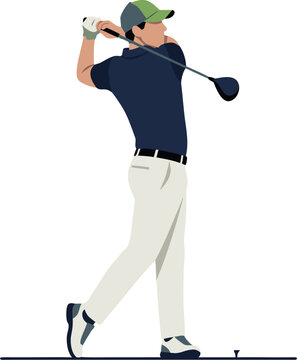 Full length flat vector illustration of a professional male golfer performing a powerful driver swing with ball trajectory line, isolated on white and transparent background for sports design.