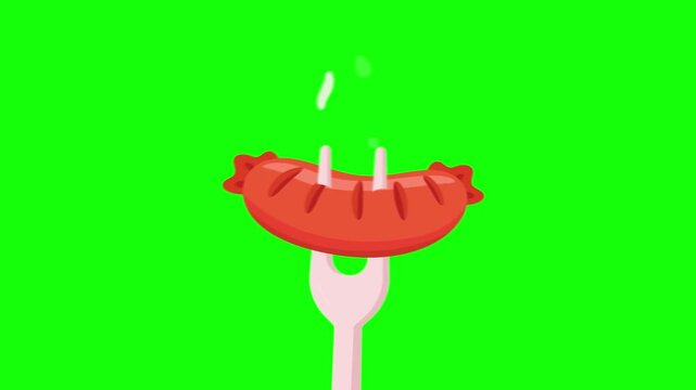 Cartoon illustration of a grilled red sausage on a fork, steaming hot, isolated on a green screen