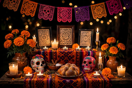 Day of the Dead altar with sugar skulls, marigolds, candles, and pan de muerto under papel picado