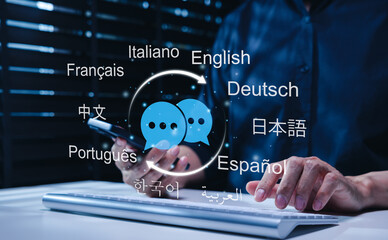 Multilingual communication and language translation concept. Person using AI to translate language, global conversation, localization, learning, international support, digital communication cultural © Supatman
