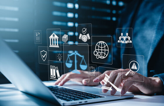 Legal compliance and corporate governance concept. Lawyer typing on laptop and law icons, representing regulation, risk assessment, contracts, audit, AI ethics, policy control, business standards