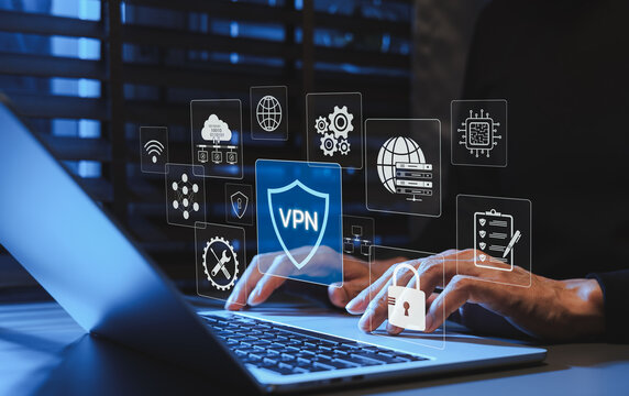 VPN virtual private network and data privacy concept. Person typing on laptop with icons of encrypted shield, cyber security padlock, cloud server database, web connection, internet protection system