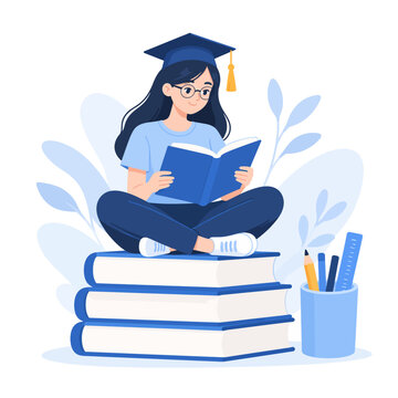 Student Girl Studying on Stack of Books