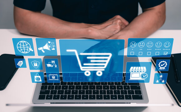 E-commerce shopping and customer experience concept. Person using laptop and retail icon representing online marketplace, secure payment, delivery, marketing, review, satisfaction, trust, digital sale