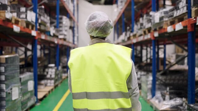 Rear view of a female worker in a safety vest walking through a large warehouse aisle. She is checking stock and managing inventory