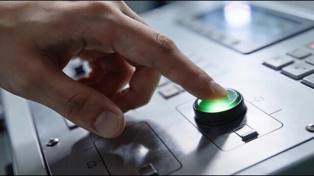 Hand Pressing Green Button on Industrial Control Panel