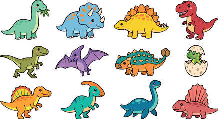 Cute Dinosaur Cartoon Character Vector Set with Tyrannosaurus Rex Triceratops Stegosaurus Pterodactyl and Hatching Egg Elements for Kids © MstBudhiron