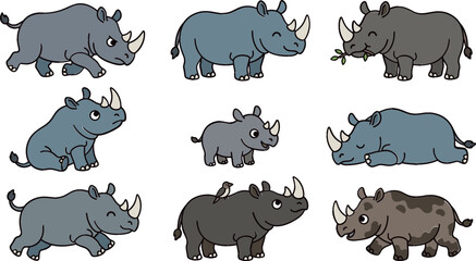 Rhinoceros Cartoon Character Vector Set with Cute Wild Rhino Calf Sleeping Running and Eating Poses for Kids Designs © MstBudhiron