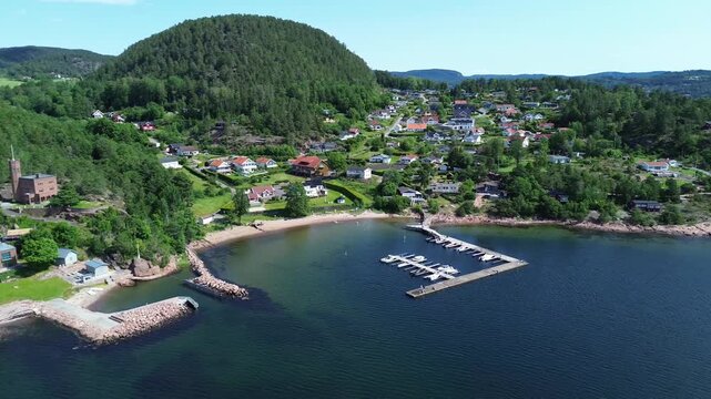 Aerial Drone View of Sandvika Marina and Coastal Docks Near Svelvik, Norway