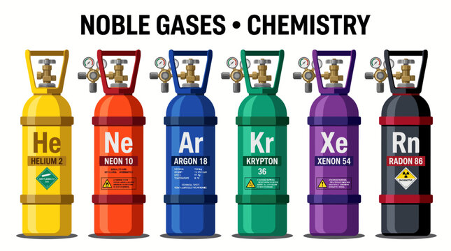 Very beautiful realistic vector set featuring helium, neon, argon, krypton, xenon, and radon gas containers, Label: "NOBLE GASES &bull; CHEMISTRY", colorful laboratory cylinders, solid colors, no gradients