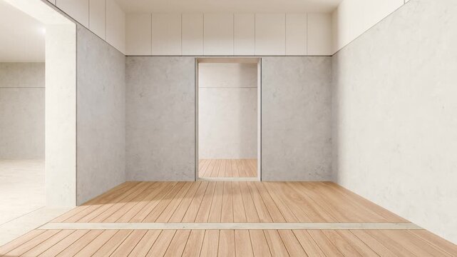 Interior design of a modern and minimalist room featuring concrete walls, parquet flooring, and an open doorway, illuminated by warm sunlight