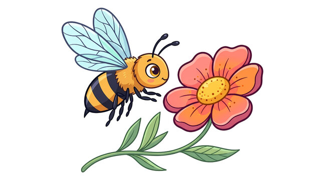 Cute Bee and Flower Illustration. Pollination and Spring Nature Concept. Botanical Floral Decoration. Colorful Hand Drawn Vector Art