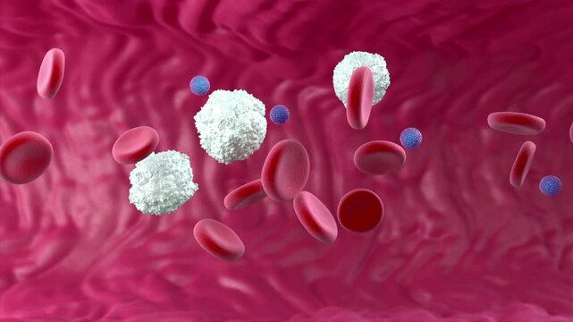 Microscopic View of Human Bloodstream Flowing with Red Blood Cells White Blood Cells and Platelets within a Vein