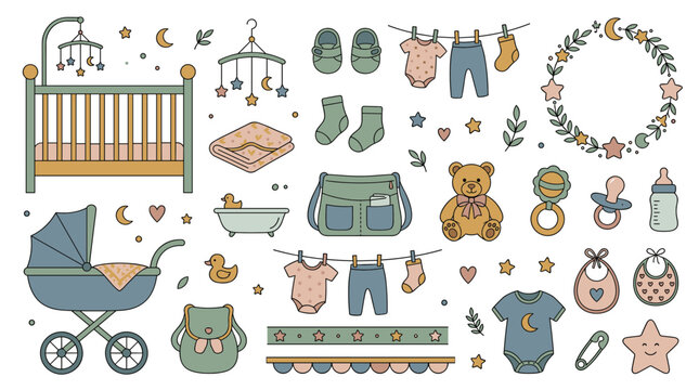 Newborn baby essential design elements set with crib, mobile, stroller, onesies, baby bottles, teddy bear, bathtub, borders and ornaments, flat vector illustration isolated on white background