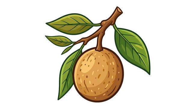 Fresh Brown Sapodilla Fruit. Ripe Chikoo With Green Leaves and Natural Wooden Stem. Tropical Fruit Concept. Colorful Botanical Vector Illustration