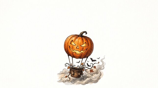 Spooky Halloween Jack O Lantern Hot Air Balloon Illustration with Carved Pumpkin and Bats on White Background