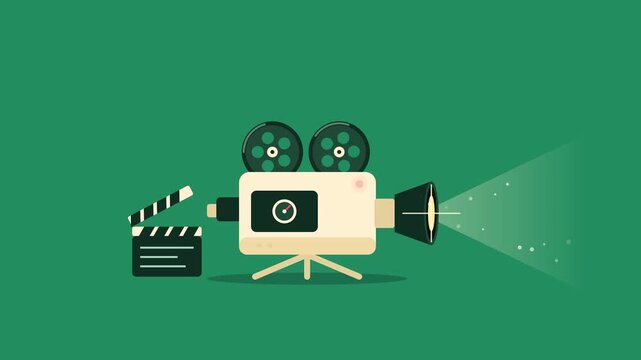 Minimalist Retro Cinema Animation with Movie Camera Reel and Clapperboard Snap