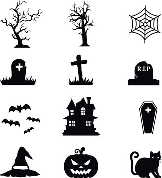 Set of Halloween Silhouette Stencil Elements Isolated on White Background