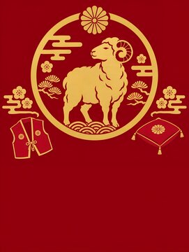 Kanreki 60th birthday celebration design with gold circle and sheep silhouette on deep crimson