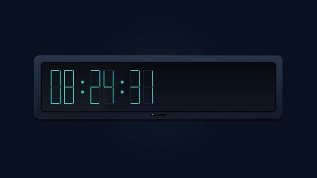 Seamless premium 8-second loop animation of a modern digital clock featuring hours, minutes, and seconds with precise geometric design and glowing seven-segment digits.