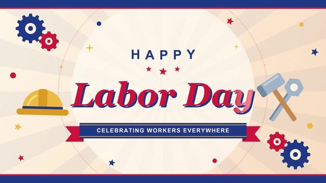 Happy Labor Day flat vector animation with hard hat, crossed hammer and wrench, rotating gears and ribbon banner, workers celebration motion graphics