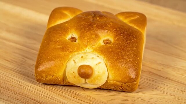 Square toasted bear face bun on wooden surface.