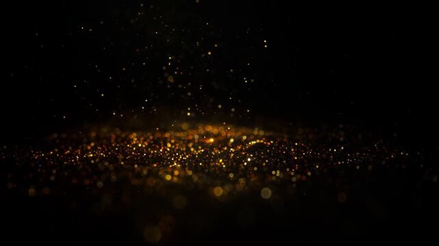Golden Particles Floating and Swirling in Dark Space Creating Luxurious Abstract Background with Copy Space