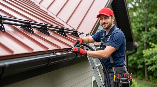 Professional handyman cleaning residential roof gutters using vacuum