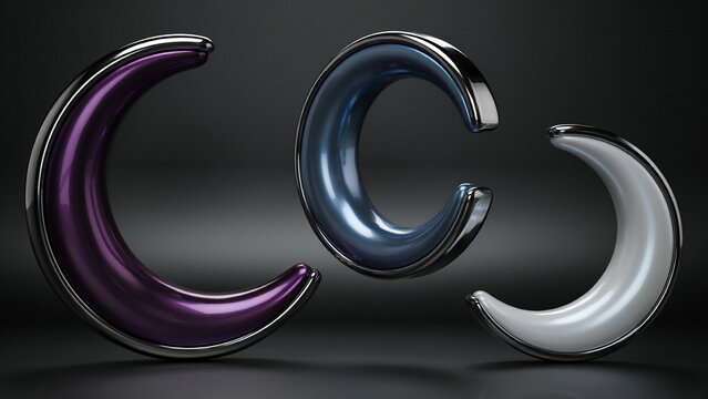 Three crescent moon shaped with metallic rims and glossy purple, blue, and white centers, arranged on a dark grey background, with shadows