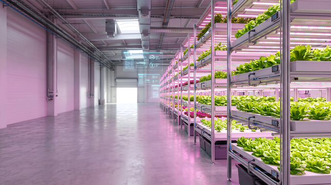 Futuristic precision agro tech vertical farm indoor facility with smart automated hydroponics systems