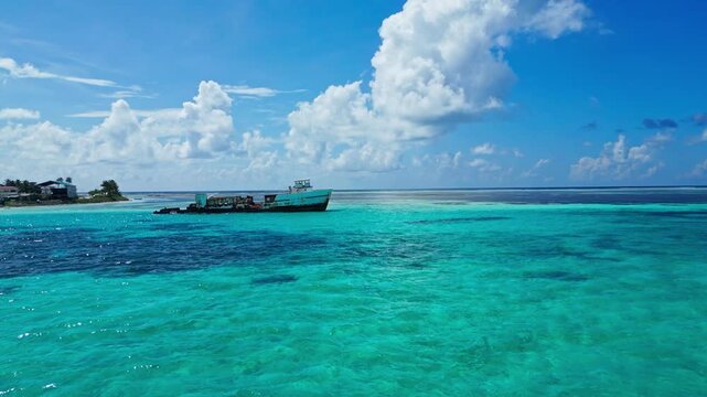 Side angle shot of abandoned metal boat rusting in clean ocean water. Concept of environmental impact, marine pollution, nature, corrosion, and climate change