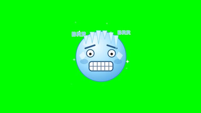 Frozen cold emoji shivering with ice on green screen background