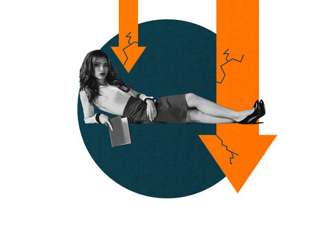 Composite photo collage of sad dissatisfied businesswoman lie hold book arrow down failure problem fall isolated on painted background